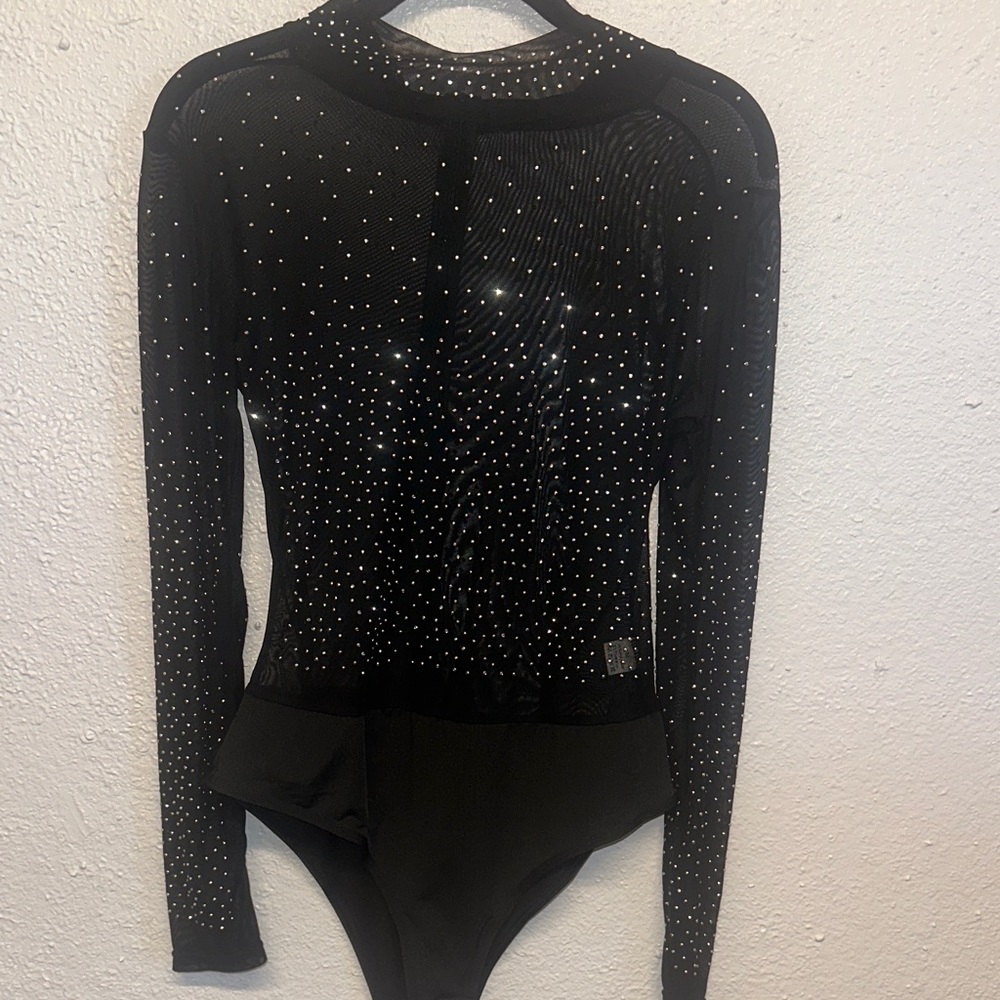 Black Long Sleeve Bodysuit with Rhinestones